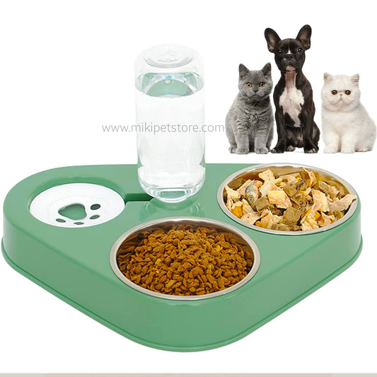 Gravity Water & Double Food Bowl Set – 500ml Stainless Steel Pet Feeder with Non-Spill Base