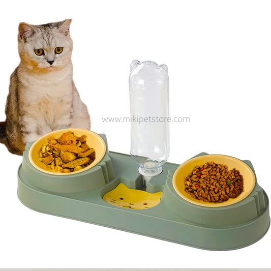 3-in-1 Tilted Cat Bowl with Stand – Anti-Vomiting Food & Water Dispenser Set