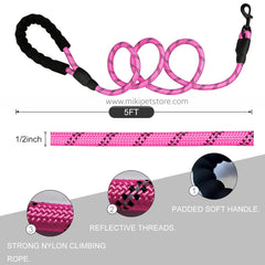 Reflective Nylon Rope Dog Leash – 5 Feet with Padded Handle for Comfort & Control