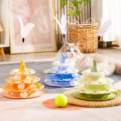 Fish Tail Design 3 Tier Turnable Disk Tower Toy with Feather for Pet Cat