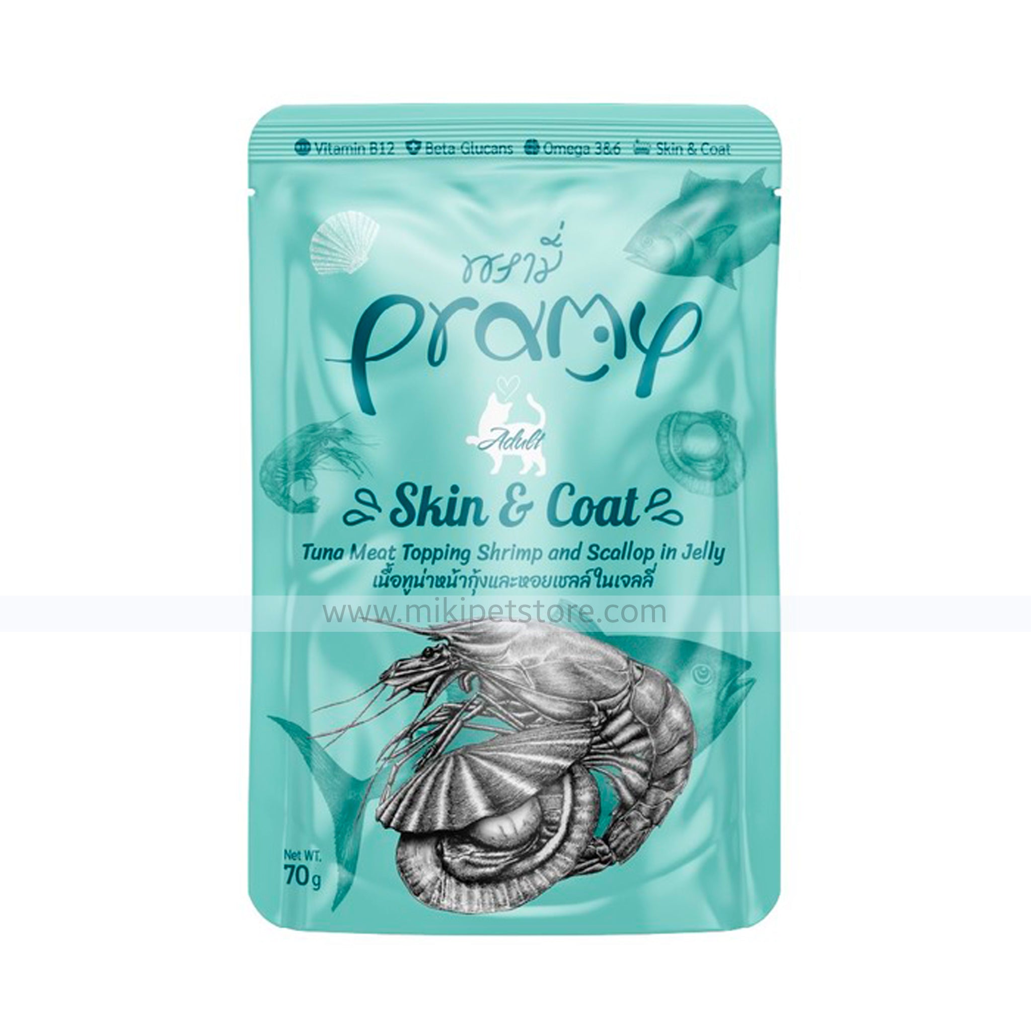Pramy SKIN & COAT Pouch Tuna Meat Topping Shrimp & Scallop in Jelly for Adult 70gm