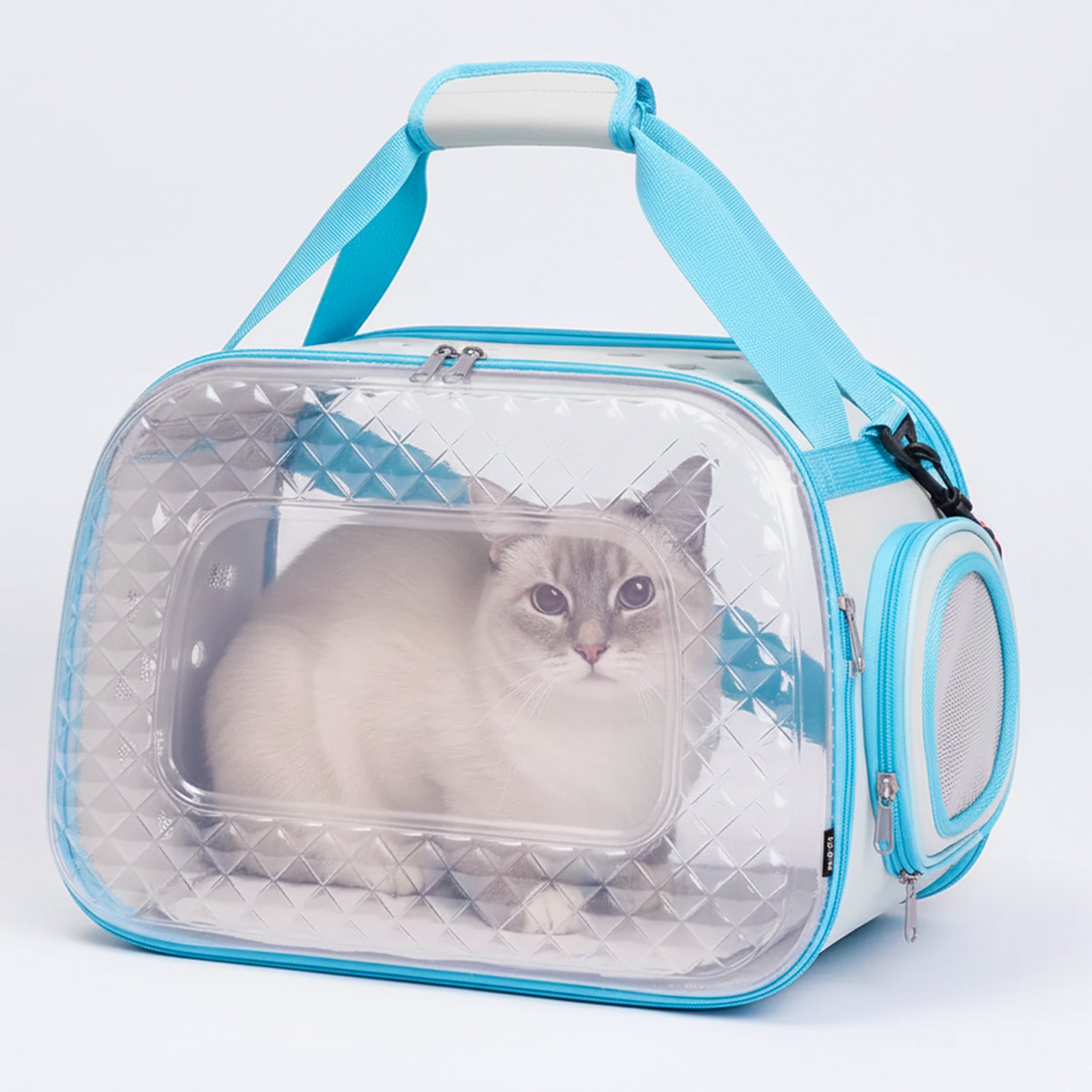 Premium Transparent Diamond-View Cat Carrier Bag – Blue