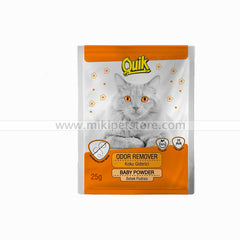 Quik Odor Remover Cat Litter Deodorizing Powder 25g packaging with a cat graphic, designed to eliminate unpleasant odors.