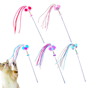 Cat Teaser Wand Toy Long Rod with Plush Balls and Bell