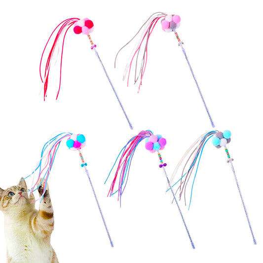 Cat Teaser Wand Toy – Long Rod with Plush Balls & Bell for Interactive Play