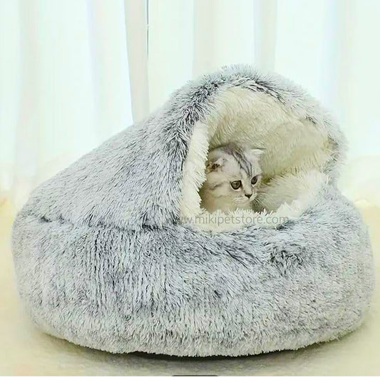 2-in-1 Winter Plush Cat Bed – Round Cushion & Warm Pet House for Cats & Small Dogs