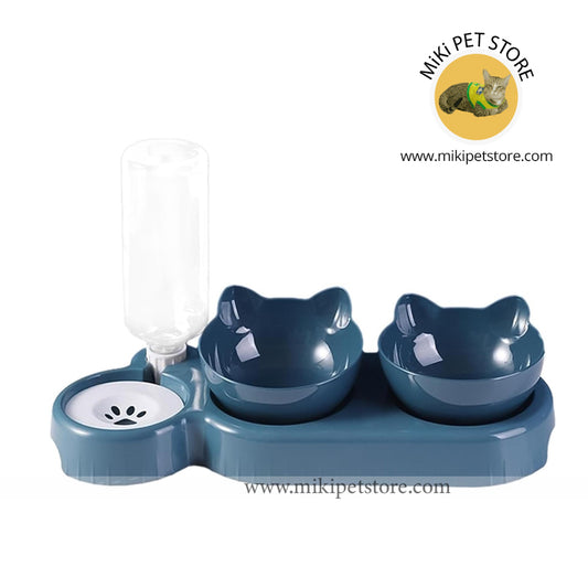 Double Cat Bowl,15°Tilted Food Feeding Dishes with Automatic Water Dispenser Bottle - 500ml Water Bottle, Pet Feeding Bowl for Cats and Dogs