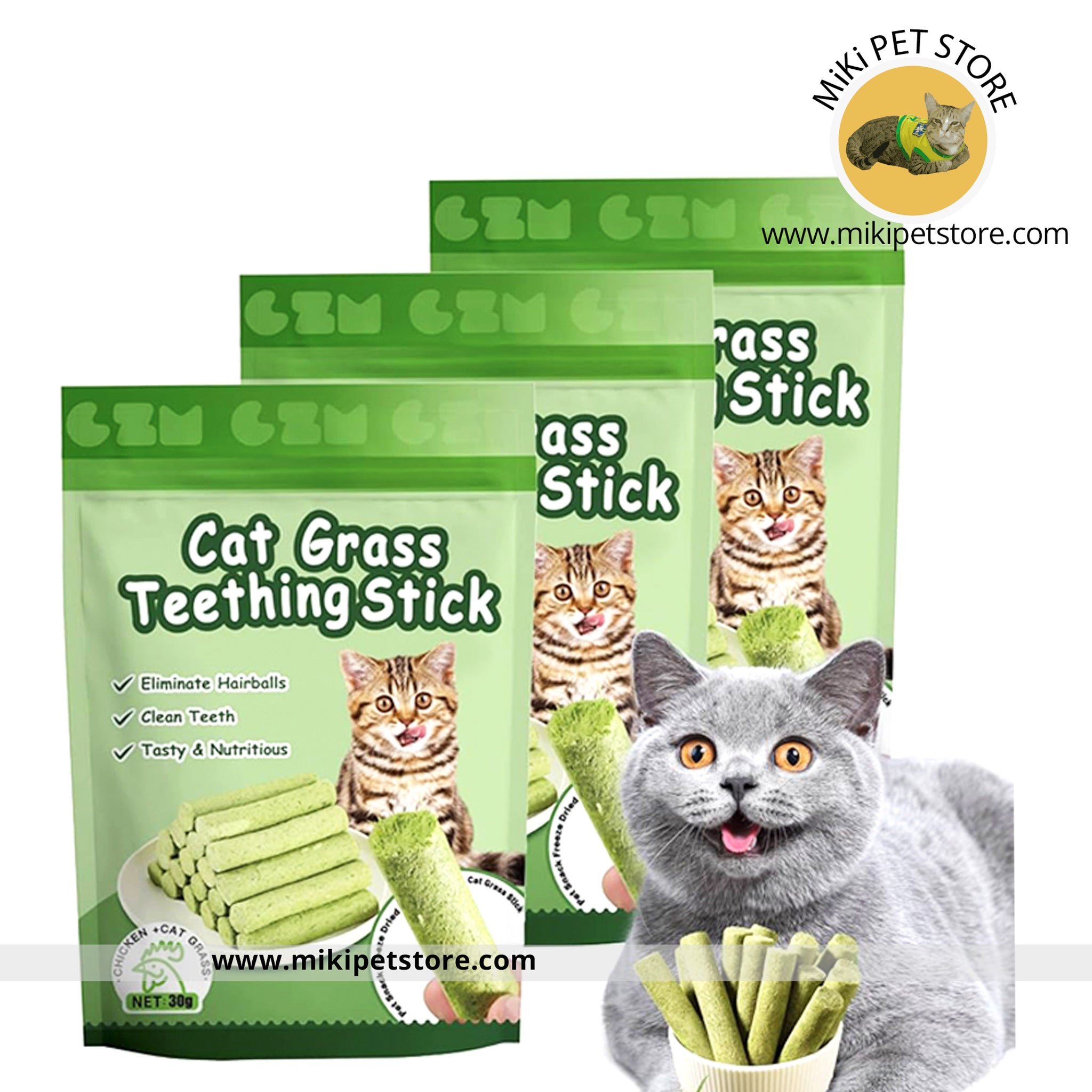 Natural cat treat sticks with cat grass – healthy teething snack and food supplement for indoor cats