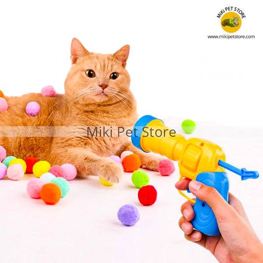 Interactive Pom Pom Balls & Launcher Gun Set for Cats – Fetch, Training, and Exercise Toy for Indoor Play