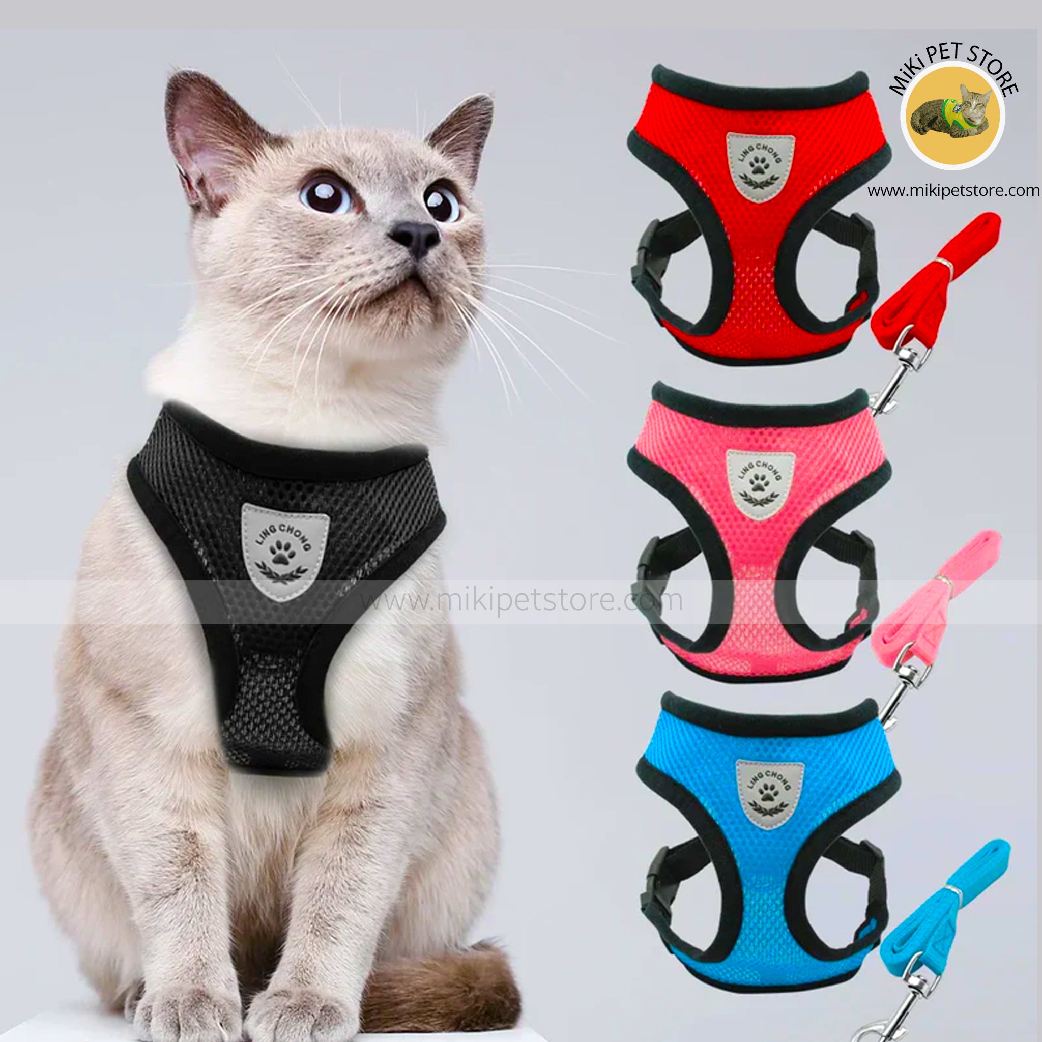 "Breathable Mesh Cat and Small Dog Harness with Leash – Adjustable, Reflective, and Comfortable for Safe Walks."