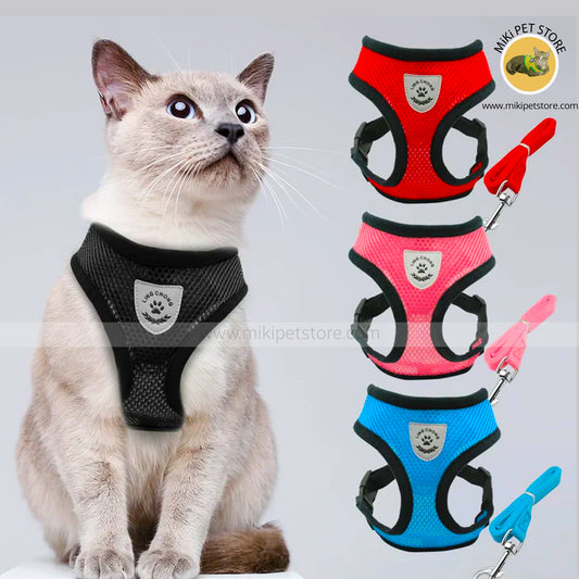 "Breathable Mesh Cat and Small Dog Harness with Leash – Adjustable, Reflective, and Comfortable for Safe Walks."