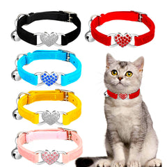 Heart Bling Velvet Cat Collar – Adjustable Kitten Collar with Safety Bell & Rhinestone Breakaway Buckle for Cats and Small Dogs