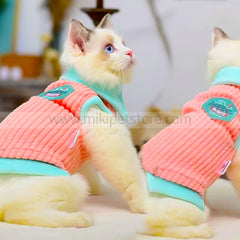 Stylish winter pet sweaters for cats in Bangladesh – peach and teal sleeveless cat clothing for cold weather,cat sweater Bangladesh,pet winter dress BD