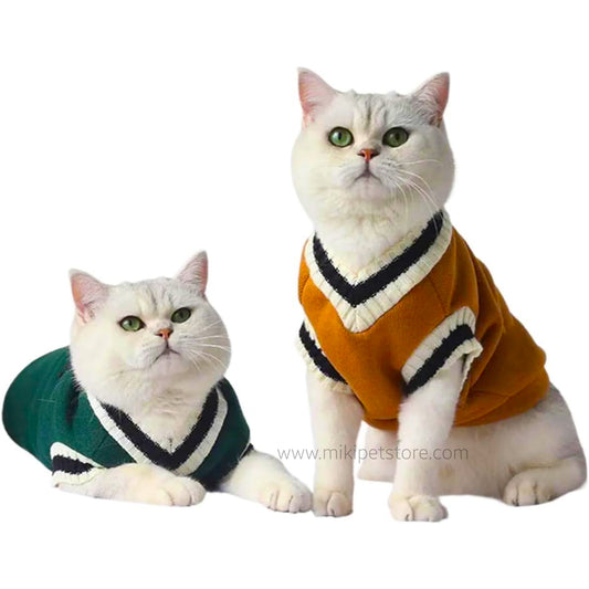 College Style Knitted Pet Sweater – V-Neck Vest for Small Dogs & Cats