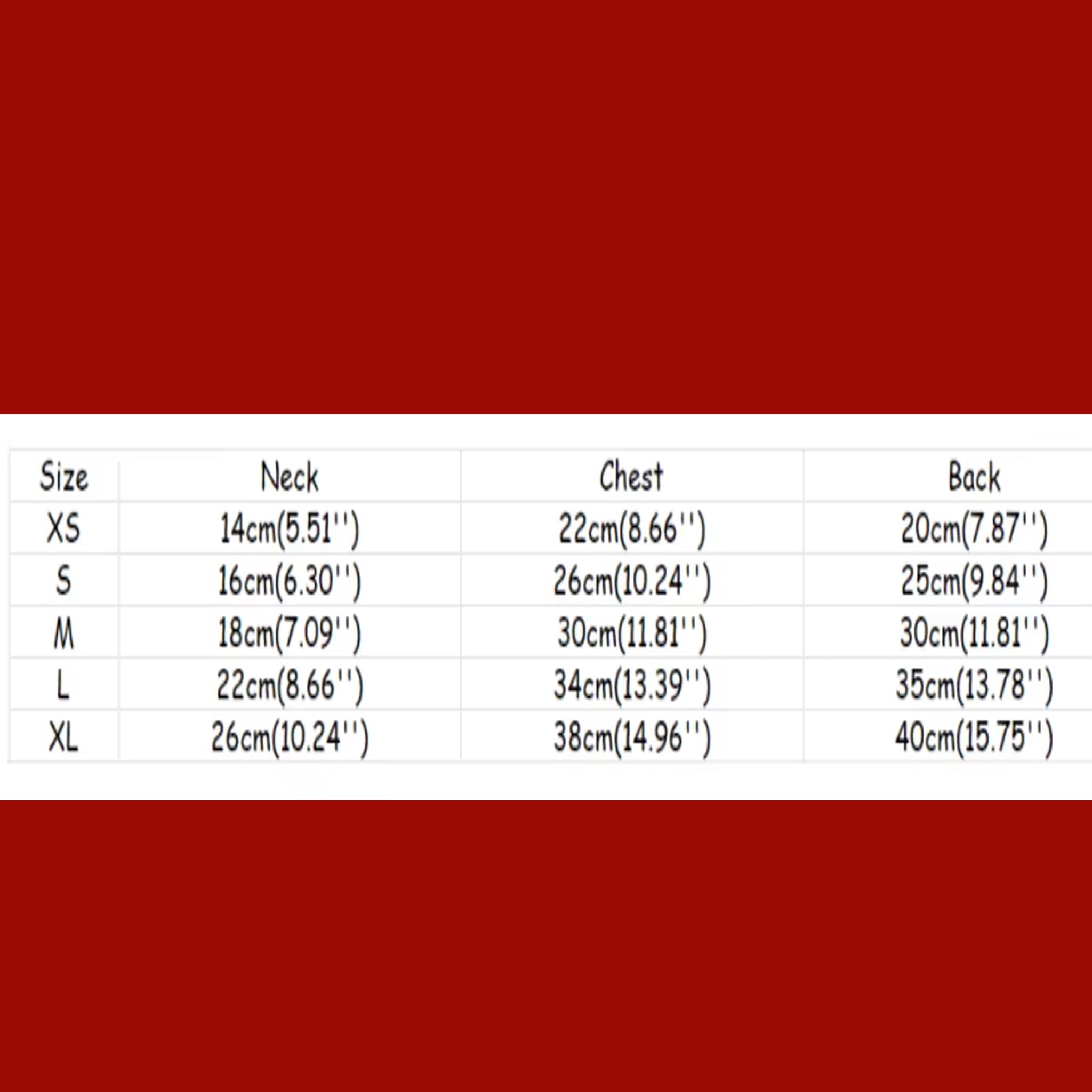 cat & dog dress size chart