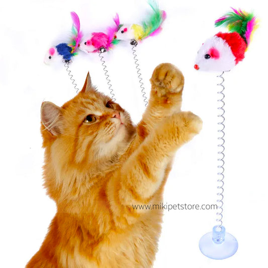 Elastic Spring Mouse Feather Toy – Interactive Plush Toy with Suction Cup for Cats