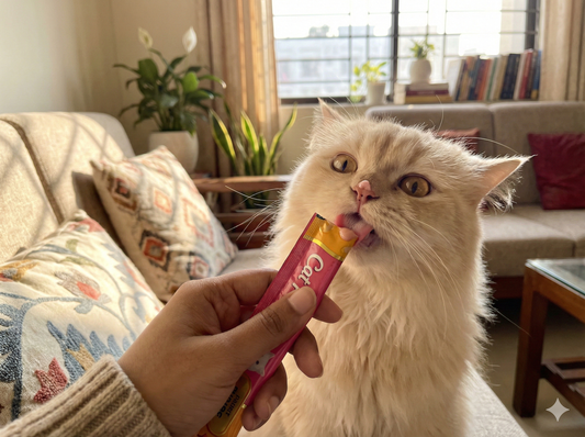 Close-up of a happy cat enthusiastically licking a creamy treat tube held by its owner in a Dhaka home