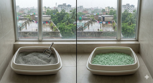 Side-by-side comparison of a bentonite clay litter box and a tofu cat litter box in a Dhaka apartment during humid weather, illustrating the battle for the best cat litter for smell.