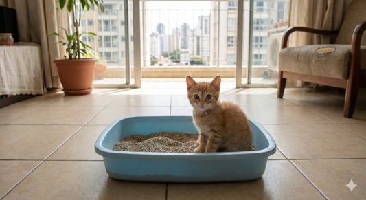 Small ginger kitten successfully sitting in a shallow litter tray inside a sunlit apartment, illustrating the goal of litter training a kitten