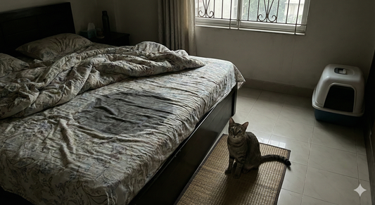 Anxious tabby cat sitting beside a bed with a visible urine stain on the duvet, illustrating the issue of a cat peeing on bed due to stress or illness.