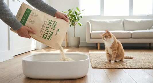 A person pouring fresh, dust free cat litter into a clean litter box, maintaining good cat hygiene in an apartment