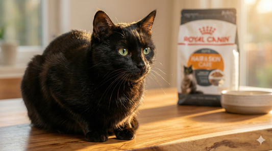 A cat with an incredibly shiny coat next to a bag of Royal Canin Hair & Skin Care, demonstrating the visible results of this cat hair fall solution.