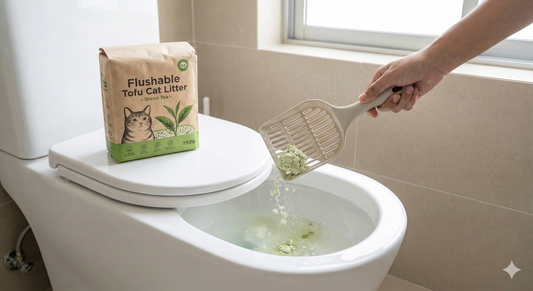 A hand dropping a dissolving clump of flushable cat litter into a toilet, demonstrating how to use tofu litter in a Bangladeshi bathroom.