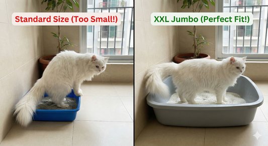 A visual comparison showing a Persian cat uncomfortable in a small litter box versus comfortably fitting in a large, high-rimmed jumbo litter box, illustrating the need for a large litter box in BD