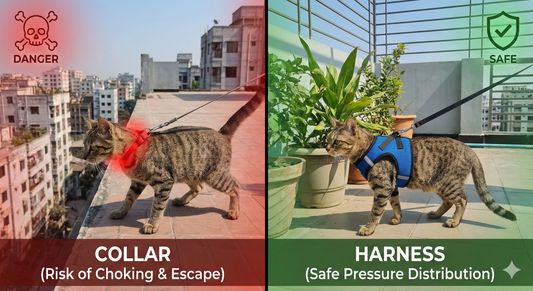 A side-by-side comparison photo on a Dhaka rooftop showing a cat with a collar being choked by a leash versus a cat safely wearing a cat harness BD, illustrating why harnesses are safer for walking.