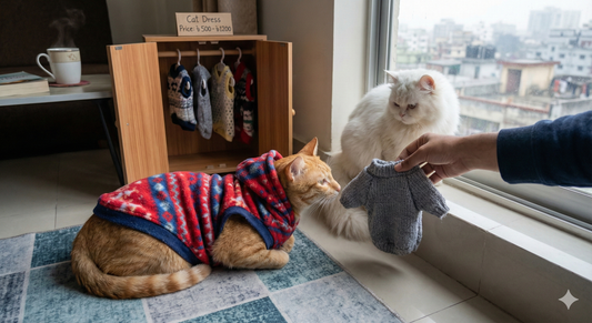 A Persian cat wearing a warm winter hoodie sitting on a cold tiled floor in a Dhaka apartment, illustrating cat dress price and winter fashion for pets in BD