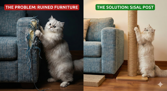 A split-screen comparison showing a Persian cat destroying a sofa versus using a sisal scratching post placed next to the furniture, illustrating how to stop cats from ruining furniture with the best cat scratcher toy in Bangladesh
