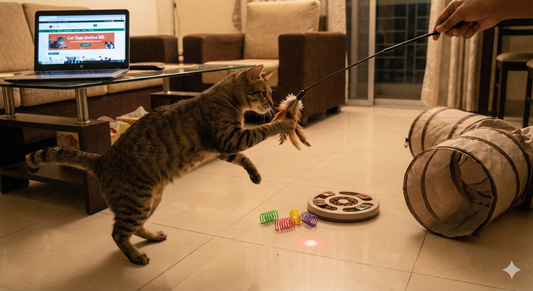 An energetic indoor cat jumping to catch a feather wand toy in a tiled Dhaka apartment, representing the best interactive cat toys online BD to prevent boredom and obesity.