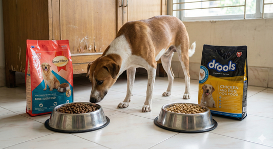 A side-by-side comparison photograph of a local dog taste-testing food from two bowls, with bags of SmartHeart and Drools dog food visible in the background, illustrating the SmartHeart vs Drools BD value review.