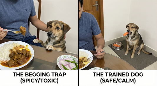 A split-screen comparison showing a dog begging at a dinner table for spicy human food versus the same dog safely eating a carrot in its own bed, illustrating a proper dog feeding guide to stop begging behavior.