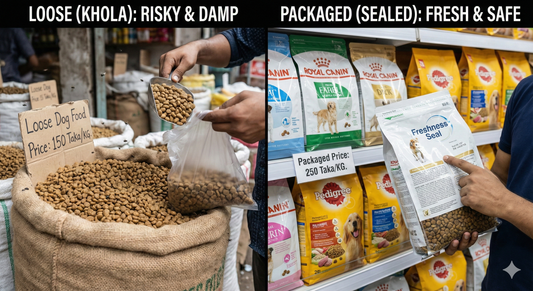 A side-by-side comparison showing an open, unhygienic sack of loose dog food exposed to moisture versus a fresh, factory-sealed bag of kibble, illustrating the health risks versus the loose dog food price savings