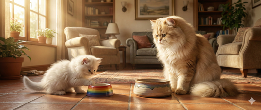 White Persian kitten playing next to a mature adult Persian cat with food bowls, illustrating the transition from kitten to adult cat food.