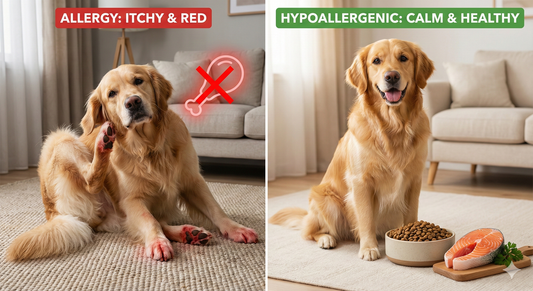 A side-by-side comparison showing a dog scratching due to chicken allergy versus a healthy dog eating salmon-based hypoallergenic dog food, illustrating the best dog food for allergies solution.