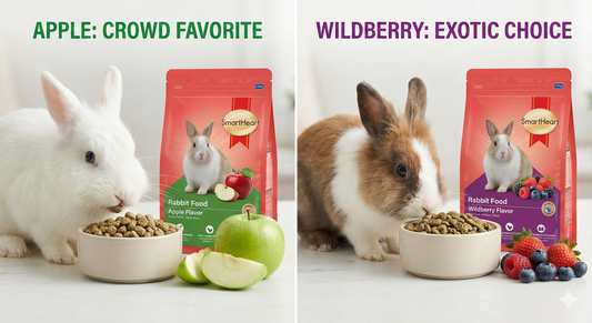 A side-by-side comparison showing a rabbit choosing between SmartHeart Rabbit Food Apple flavor and Wildberry flavor, illustrating the taste test review and ingredients.