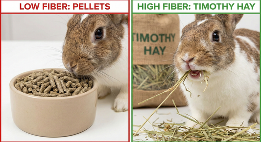A side-by-side comparison showing processed pellets versus long-strand Timothy Hay (rabbit grass BD), illustrating why fiber is essential for preventing GI stasis and overgrown teeth in rabbits.