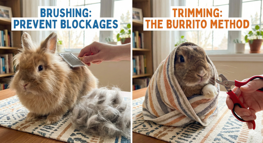 A split-screen guide showing how to use a rabbit grooming kit: brushing loose fur to prevent hairballs and using the towel wrap method to safely trim nails