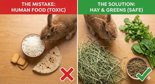 A split-screen image showing a rabbit eating toxic human food like rice and roti on the left, and the safe solution of hay and greens on the right, illustrating common rabbit diet mistakes.