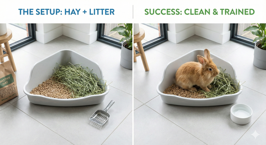 A visual guide showing a proper rabbit litter box setup with hay and wood pellets, and a rabbit successfully using it, illustrating the hay trick for potty training.