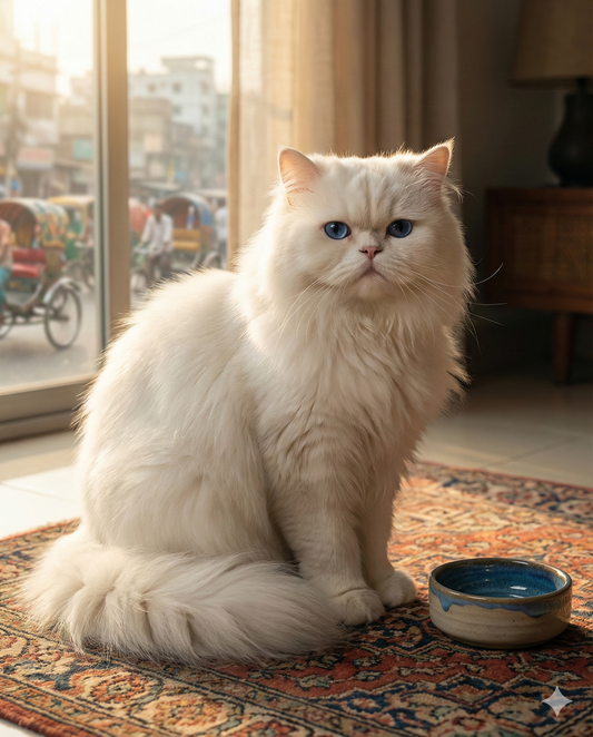 Close-up of a flat-faced Persian cat eating specially designed almond-shaped kibble, illustrating easier food pickup for brachycephalic breeds.