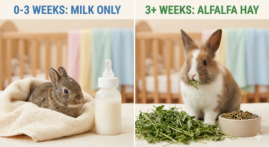 A visual timeline showing a tiny kit being bottle-fed milk versus a growing bunny eating Alfalfa hay and pellets, illustrating the transition in baby rabbit food from milk to solids.