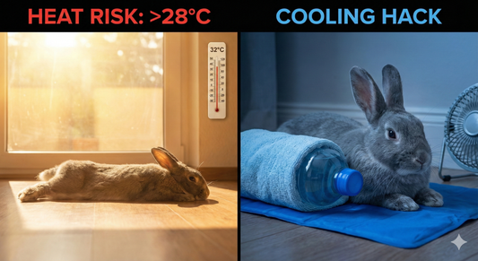 A side-by-side comparison showing the signs of heat stress in rabbits versus effective rabbit summer care methods like using a frozen water bottle or cooling mat to prevent heatstroke.