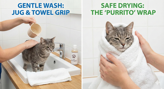 A split-screen guide showing a stress-free cat bath: gently pouring water over a cat standing on a towel in a sink, followed by drying the cat safely wrapped in a towel "burrito," illustrating the scratch-free bathing method using cat shampoo BD.
