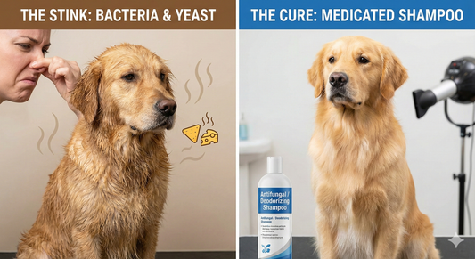 A split-screen comparison showing a smelly, damp dog representing yeast and bacterial odors, versus a clean, fluffy dog next to a bottle of medicated dog shampoo for smell control.