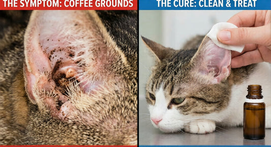 A side-by-side comparison showing the signs of ear mites in cats (dark, coffee-ground debris) versus the correct home treatment using ear cleaners and drops to remove mites.