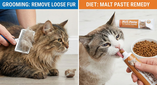 A split-screen infographic illustrating two ways to prevent hairballs. The left panel shows brushing a long-haired cat to remove loose fur before it gets swallowed