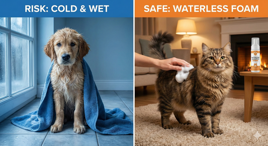 A side-by-side comparison showing the risk of bathing pets in cold weather versus the safe solution of using dry shampoo for cats and waterless foam to clean them without water.